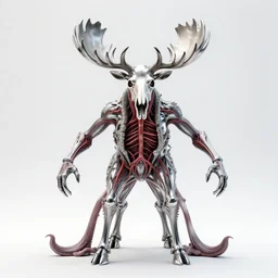 stylized shiny polished silver statue full body extra limbs bizarre cosmic horror quadruped animal moose deer skull four legs made of slug creature tendrils, perfect symmetrical body, perfect symmetrical face, hyper realistic, hyper detailed, by johannen voss, by michelangelo, octane render, blender, 8 k, displayed in pure white studio room anatomical deep red arteries veins flesh