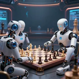 ai virtual robots playing multidimensional social chess against each other in a cyberspace thunderdome. hyper detailed, this 4 k hd image is trending on artstation, featured on behance, well rendered, extra crisp, features intricate detail, epic composition, beautiful lighting, depth of field