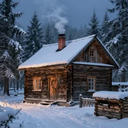 old wooden house with smoking chimney built in snowy forest, path, wood storage, night, hyperdetailed, artstation, cgsociety, 8 k