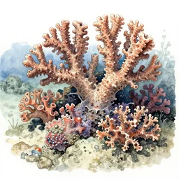 gouache and ink watercolor of coral life nuanced shading stunning extravagant rocky sea floor glimmering thin contours mixed media aged fresco, abandoned scuba visor cracked multifaceted photo of a painting