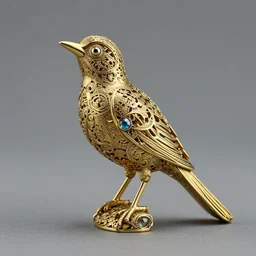 hollow filigree canary figurine, with a gemstone in its heart, photography