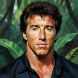 color portrait of sylvester stallone in the jungle by frank frazetta, likeness ! asthetic ! detail !  face identity preserved ! recognizable !