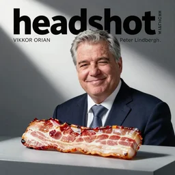headshot magazine cover photo of viktor orban winking with bacon by peter lindbergh
