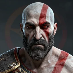 The Rock as Kratos, with a background based on the game God of War, detailed face