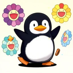 illustration still of trippy furry chubby chibi penguins dancing by takashi murakami