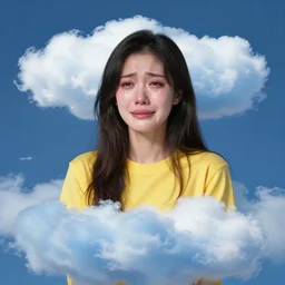 crying woman!!!!, dressed in yellow and blue clouds, disarming, enchanting, fragile, hopeful, cloudcore, portrait, by kim keever