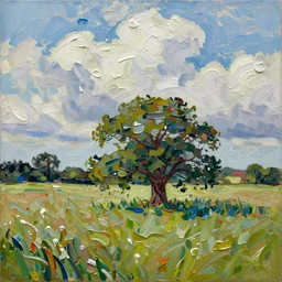 oil paint impasto relief of sussex summer field, raining, oak tree painted with thick heavy expressive paint and cumulus clouds, less thick expressive paint, pointillist