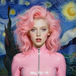 portrait of a beautiful girl, latex suit, funky hair, intimate, pastel shades of pink, beautiful face, rule of thirds, spotlight, expressive, passionate, by greg rutkowski, by jeremy mann, by francoise nielly, by vincent van gogh, digital painting