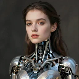 close - up portrait of beautiful young woman with cybernetic dress, art by nan goldin