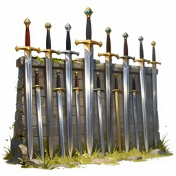 fantasy illustration of sword wall, trending on artstation, digital art ( by jesper ejsing ) ( by clint cearley ) ( by raluca marinescu ) ( by brad rigney ) ( by artur treffner ) ( by joseph meehan ) ( by victor adame ) ( by anna steinbauer )