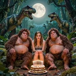 photo, three hairy fat cave people, emma!! watson!!, looking at camera, surrounded by dinosaurs!, gigantic forest trees, sitting on rocks, bright moon, birthday cake on the ground, front view