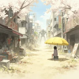 tatsuyuki tanaka artwork, soft bloom lighting, abandoned city, paper texture, movie scene, distant shot of hoody girl sitting under a yellow parasol in deserted dusty shinjuku junk town, old pawn shop, bright ground, lurking robot monster in background, dusty, pencil lines