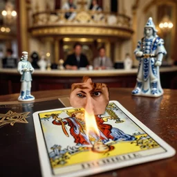 cinestill 5 0 d, 8 k ; esoteric ultra realistic major arcana in ronin ( 1 9 9 0 ) film still negresco cafe scene in frontiers of macro porcelain photography magazine june closeup 3 / 4 portrait edition, hyperrealistic real - life burning tarot card porcelain occult dj pilot figurine, eye contact, tilt shift wide shot scene background