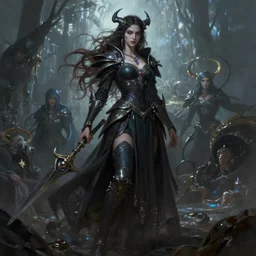 incredibly beautiful battle mage woman, cinematic, stunning, hyper realistic, ultra detailed, digital painting, masterpiece on artstation, soft focus, mystical lighting, evil colors, full body shot, illustration, art by artgerm and greg rutkowski and alphonse mucha