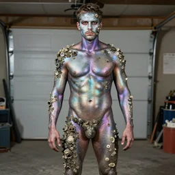a man painted with iridescent bodypaint standing in his cluttered garage, he is covered with barnacles