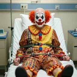 elderly clown with violent restraints connected to hospital bed