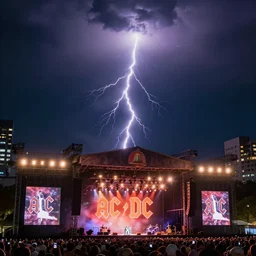 rock concert in a city at night with a lightning bolt hitting a bell on top of the stage, signs that say ac / dc