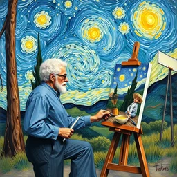 ! bob ross! at his easel, painting a van gogh picture