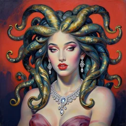 a beautiful painting lovely seductive 3 d medusa, jewelry, diamond jewelry. by ukiyo - e award - winning art, andy warhol color, ultra detailed, hyper realistic, 4 k, dramatic light, octane render