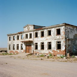 highly detailed photograph of a derelict soviet harbour building on kodachrome film taken in sunshine
