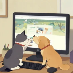 cat and dog fixing the website on a computer, ukiyo - e