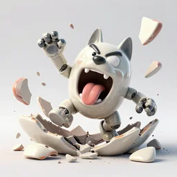 dissection of funny, angry screaming with tongue out ceramic exploding crash miniature toy resin Figure dog mechabot falling apart 8K, c4d, 3d primitives, in a Studio hollow, surrounded by flying parts, explosion drawing, by pixar, beeple, by jeff koons, blender donut tutorial