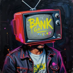 Gritty neon splattered punk painting of an angled view of a man with a TV head, painted by Basquiat. Dark background. Trending on artstation