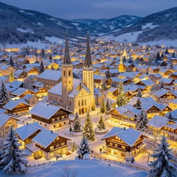 matte painting of winter, christmas szene in beautiful landscape in altoetting town, by albert whitlock, amazing details, beautiful composition, vibrant colors, bird eye view, luminescent, warm hue's