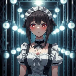 brutal high - contrast illustration of anime maid standing inside a forest of industrial lights, beautiful upper body shot, pretty face and eyes by davinci, pixiv contest winner