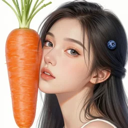 the head of an incredibly beautiful and elegant woman partially made of carrots and blueberries looking up, an ultrafine detailed illustration by james jean, final fantasy, intricate linework, bright colors, behance contest winner, vanitas, angular, altermodern, unreal engine 5 highly rendered, global illumination, radiant light, detailed and intricate environment