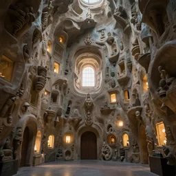 this place is so bizarre yet amazing the walls seem to be moving and the sculptures look like nothing I’ve ever seen before lights are gleaming out of the small window it’s truly beautiful, trending on artstation,