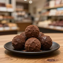 5 5 mm photo of a pile of freshly milk french roast chocolate dark chocolate truffles on a black plat on a wooden table in a candy store. dof. bokeh. magical atmosphere. art by greg rutkowski. highly detailed 8 k. intricate. lifelike. soft light. nikon d 8 5 0.