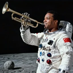 a photo of louis armstrong wearing a space suit on the moon, reaching for a trumpet, dramatic lighting, highly detailed