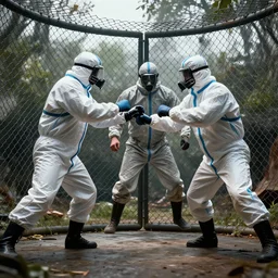 wrestlers wearing hazmat suits backyard cage wrestling, hyper realism, cinematic, volumetric lighting, epic composition, high detail, octane render, unreal engine, ray tracing, apocalyptic, intricate complexity, extremely detailed, very sharp,