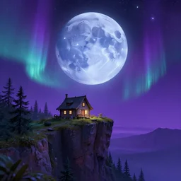 exotic landscape, a small house on the cliff, a huge blue moon, a purple sky full of small stars, andromeda krogan nebula aurora wallpaper 3 d pixar disney digital cgi rtx hdr painting bioluminance alena aenami artworks in 4 k, by beeple, by studio ghibli