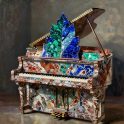 gothic marble piano with leaf. lapis lazuli, malachite, cinnabar, turquoise, earth brown. painting by karl blossfeldt