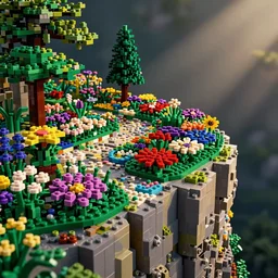 a gorgeous garden on the edge of a cliff filled with beautiful flowers of all colors and from all around the world, fully in lego bricks