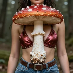beautiful anthropomorphic mushroom woman, buxom, silk, chiffon, patent leather, steel studs, denim, leather, jewels, amanita myscaria