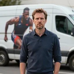photorealistic photo portrait a concerned creative director standing in front of a sprinter van, 8k, hyperrealism, hyperrealistic, unreal engine render, highly detailed, ultra-realistic, octane render