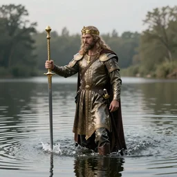 “realistic rendition of king Arthur taking the sword from the lake, high definition, realistic water reflections, high quality”