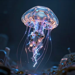 A robotic, cybernetic, metallic jellyfish, crackling with electricity