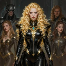a pretty androgynous albino prince in a black gilded obsidian bodysuit, long fluffy golden blonde curly hair, digital painting, sci-fi setting, symmetrical features, Daniel Gerhartz, high detail intricate, artstation, WLOP, Artgerm, J. Scott Campbell; Olivia De Berardinis, Daniel Gerhartz, jack kirby, mysterious vibes