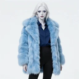 Full body Portrait of a female cryomancer, pale white skin, dark blue eyes, gorgeous lady, sky-blue thick fur coat, navy shirt, black leggins, beautiful sculptured face, dark blue lipstick, kissing smile, pillars of ice background, looking from behind, extremely detailed, by frank franzzeta, WLOP, Genzoman and gary gygax, trending on artstation, artstationHD, artstationHQ, deviantart, 16K, HD, matte painting, vibrant colors