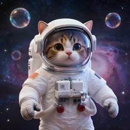 astronaut cat, bubbles, universe, nebula, artstation, front view