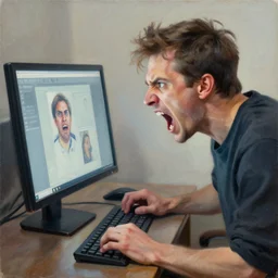 an angry man yells at his computer monitor, oil on canvas, 1 8 8 3, highly detailed