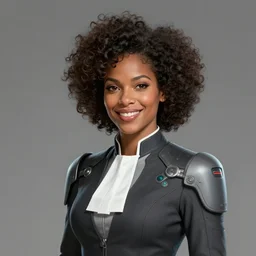 Portrait of a woman by Greg Rutkowski, she is about 30 years old, mulato, afro hair, attractive, beautiful smile, beautiful look, she is wearing a futuristic lawyer outfit, highly detailed portrait, scifi, digital painting, artstation, concept art, smooth, sharp foccus ilustration, Artstation HQ