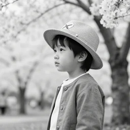 “ a portrait photo of luffy as little kid at a sakura tree, side shot, by shunji dodo, 8 k resolution, black and white photo, high quality ”