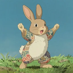 a bunny rabbit standing up, by studio ghibli painting, An aesthetically pleasing, dynamic, energetic, lively, well-designed digital art of a bunny rabbit standing up, overlaid with aizome patterns, by Ohara Koson and Thomas Kinkade, traditional Japanese colors, superior quality, masterpiece