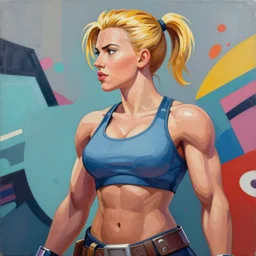 greg manchess portrait of scarlett johansson as roided thick very muscular fitness model zarya from overwatch with short blond hair and ponytail, fantasy, medium shot, asymmetrical, profile picture, organic painting, sunny day, matte painting, bold shapes, hard edges, street art, trending on artstation, by huang guangjian and gil elvgren and sachin teng