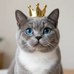 gray anthropomorphic, cat female with a whit and chest, wearing a golden crown, big blue eyes, plushy n -